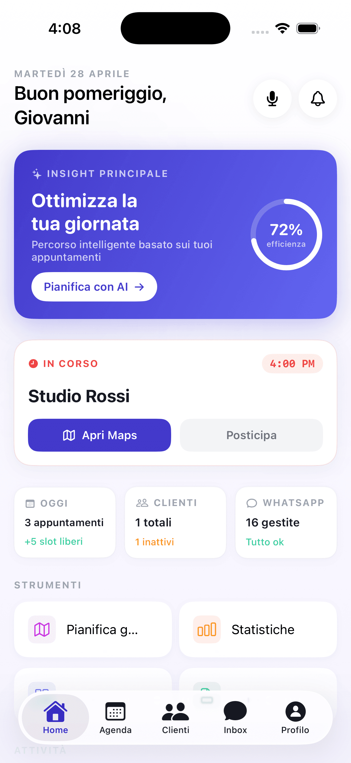 Screenshot iOS della dashboard operativa iCalendAI